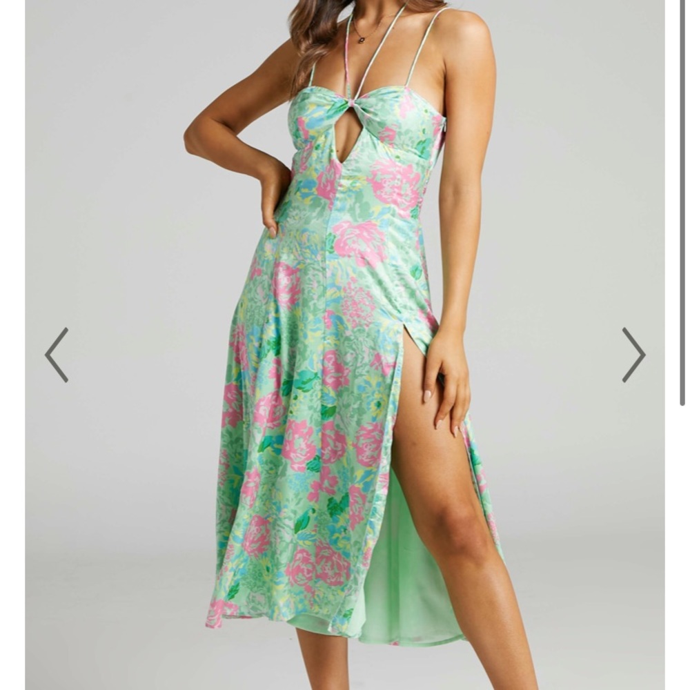 Showpo Lousine Halter Neckline Midi Dress in Neon Dreamer